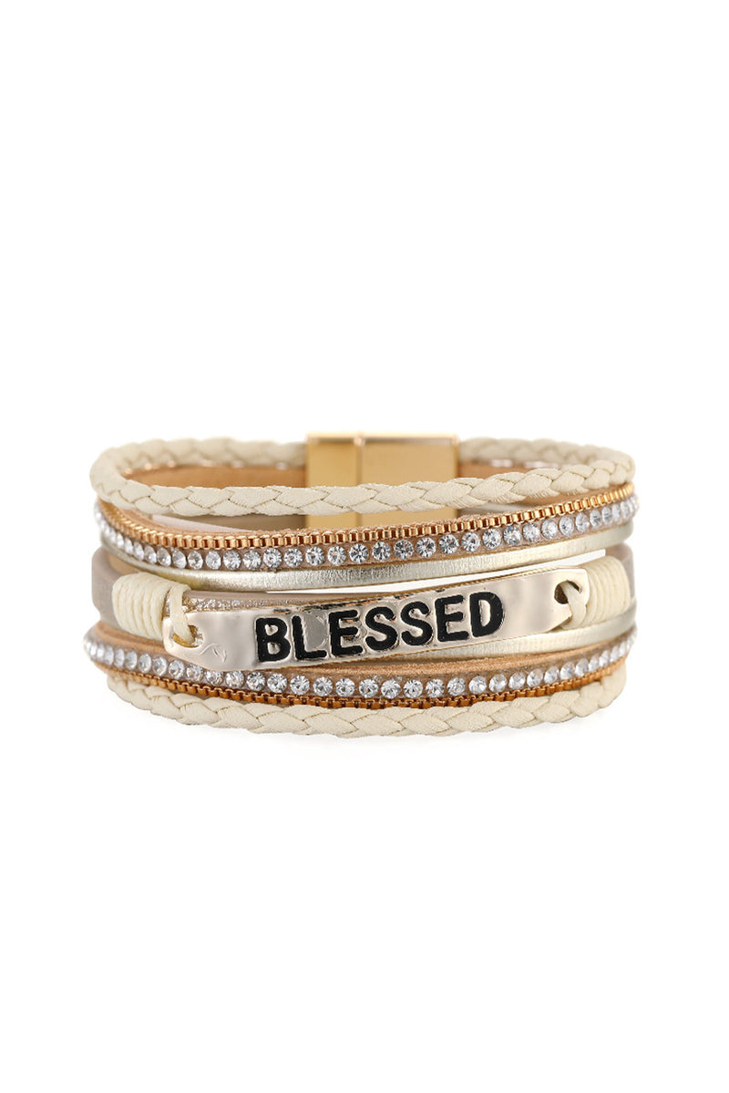 Beige BLESSED Rhinestone Braided Detail Buckle Bracelet - Shopit4lessnow