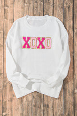 White XOXO Glitter Print Round Neck Casual Sweater