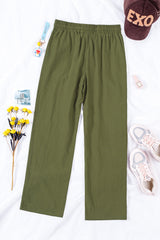 Green Drawstring Elastic Waist Pockets Long Straight Legs Pants - Shopit4lessnow