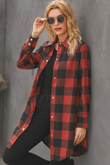 Red Turn-down Collar Plaid Shirt Coat