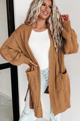 Khaki Ribbed Trim Eyelet Cable Knit Cardigan