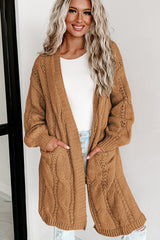 Khaki Ribbed Trim Eyelet Cable Knit Cardigan