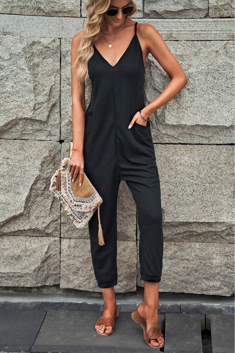 Black Textured Sleeveless V-Neck Pocketed Casual Jumpsuit - Shopit4lessnow