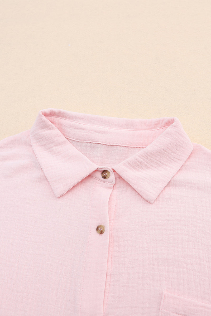 Pink Crinkle Texture Roll-tab Sleeve Shirt - Shopit4lessnow