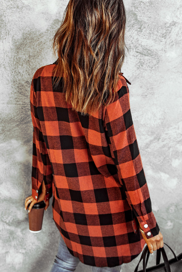 Red Turn-down Collar Plaid Shirt Coat