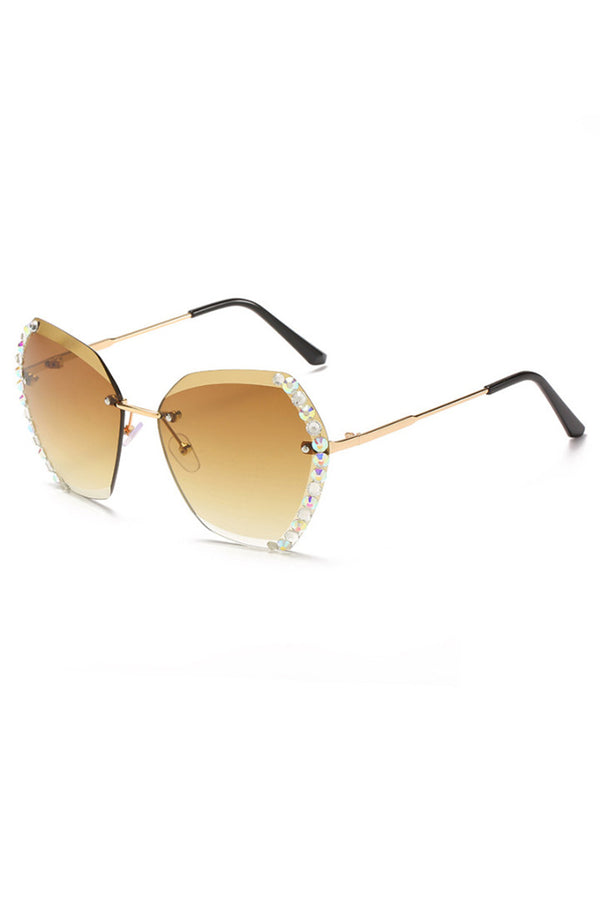 Brown Rhinestone Trim Rimless Sunglasses - Shopit4lessnow
