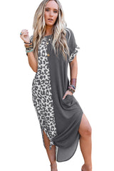 Gray Contrast Solid Leopard Short Sleeve T-shirt Dress with Slits - Shopit4lessnow