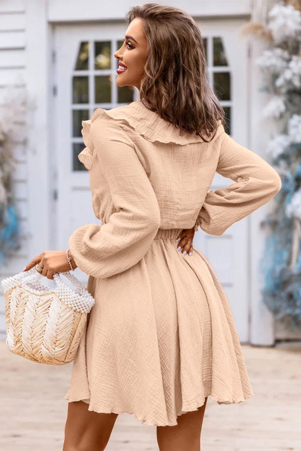 Khaki Textured Ruffled V Neck High Waist Mini Dress - Shopit4lessnow