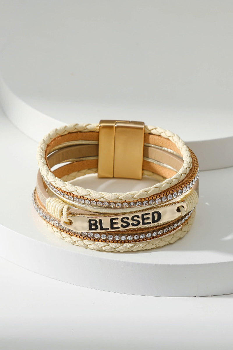 Beige BLESSED Rhinestone Braided Detail Buckle Bracelet - Shopit4lessnow