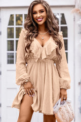 Khaki Textured Ruffled V Neck High Waist Mini Dress - Shopit4lessnow