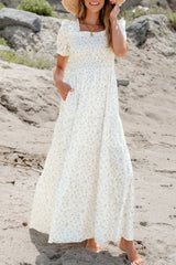 White Frilly Shirred Bodice Tiered Floral Maxi Dress