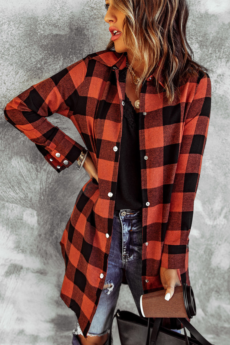 Red Turn-down Collar Plaid Shirt Coat