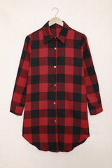 Red Turn-down Collar Plaid Shirt Coat