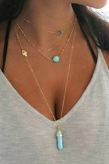 Gold Turquoise Gemstone Pendant Multi-Layered Necklace - Shopit4lessnow