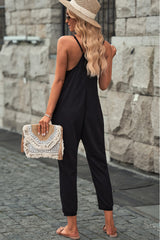 Black Textured Sleeveless V-Neck Pocketed Casual Jumpsuit - Shopit4lessnow