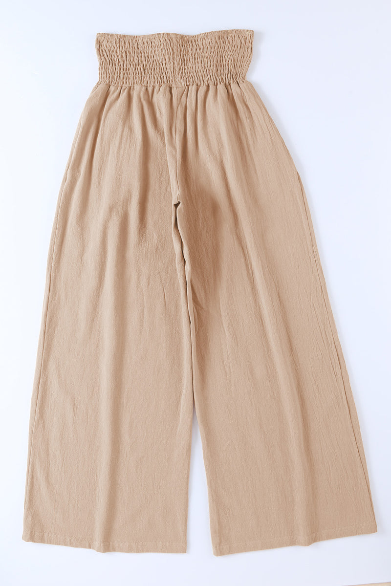 Khaki Smocked Wide Waistband High Waist Wide Leg Pants