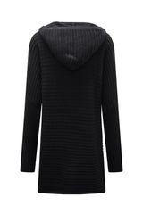 Black Horizontal Rib Knitted Open Front Hooded Cardigan