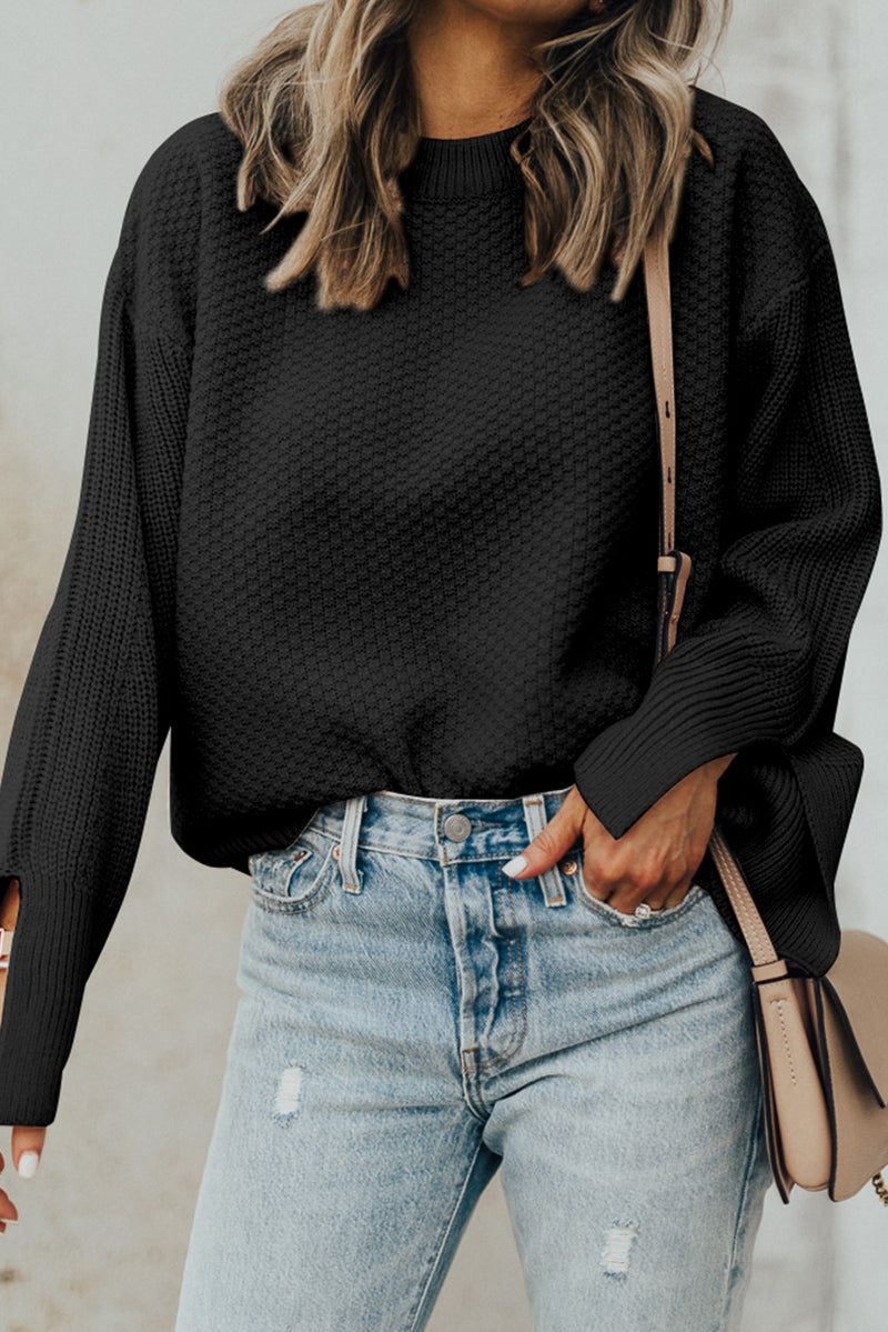 Black Solid Textured Knit Split Cuff Drop Shoulder Loose Sweater