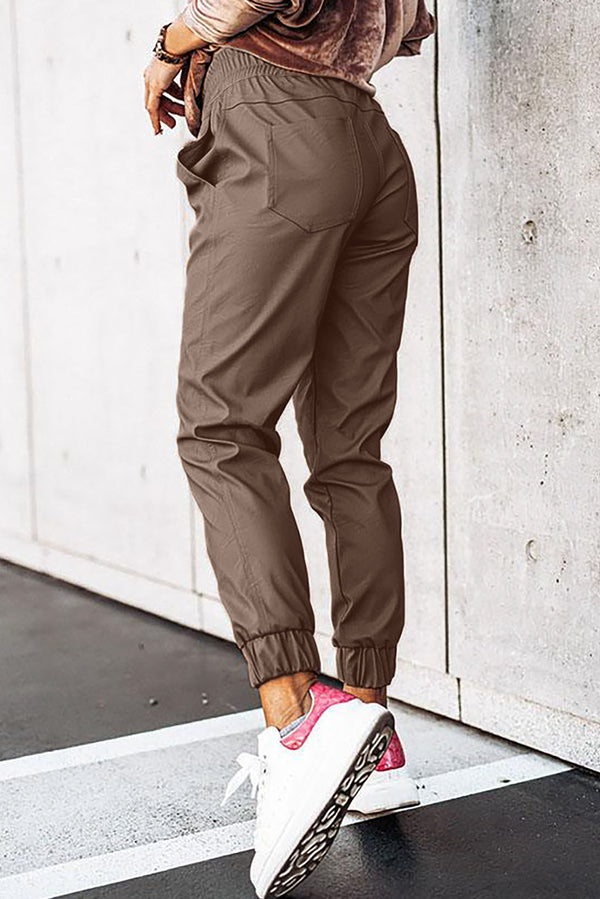 Brown Leather Tie Waist Jogger Pants - Shopit4lessnow