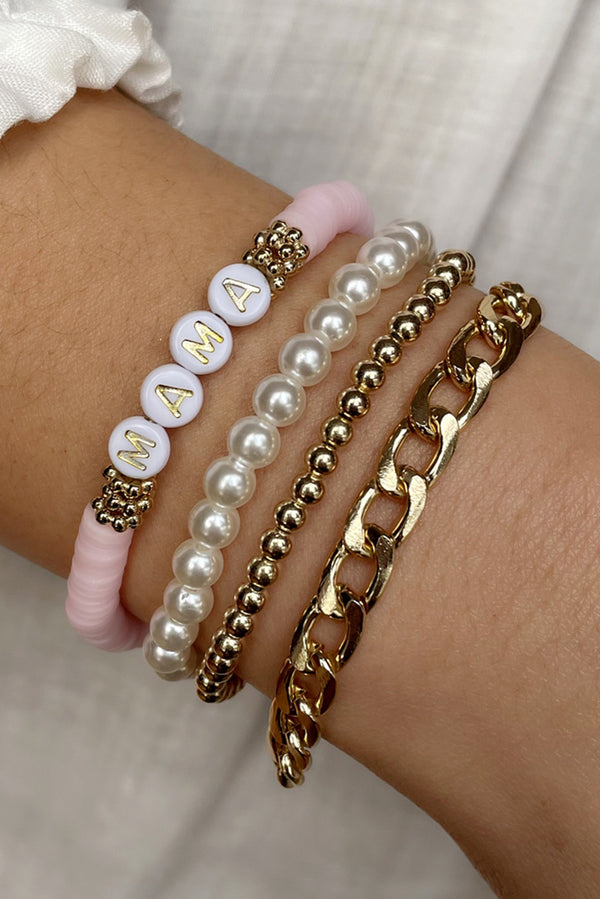 Gold 4PCS MAMA Pearls Beaded Chain Bracelets Set - Shopit4lessnow