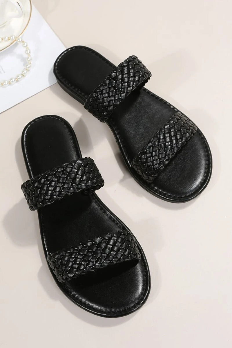 Black Braided Double Band Leathered Flat Slippers