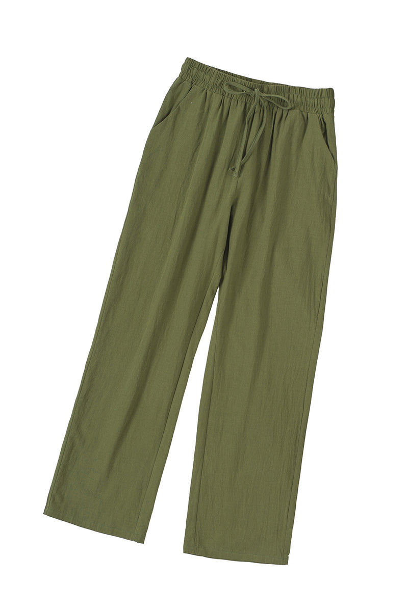 Green Drawstring Elastic Waist Pockets Long Straight Legs Pants - Shopit4lessnow