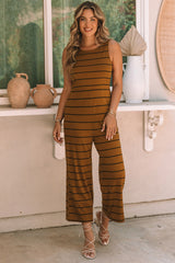 Brown Striped Sleeveless Wide Leg Jumpsuit