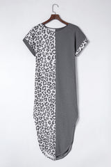 Gray Contrast Solid Leopard Short Sleeve T-shirt Dress with Slits - Shopit4lessnow