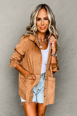 Camel Faux Suede Button Up Jacket