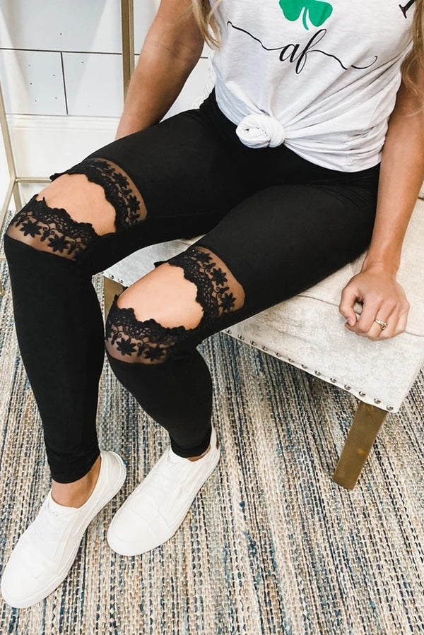 Floral Hollow Out Black Skinny Leggings