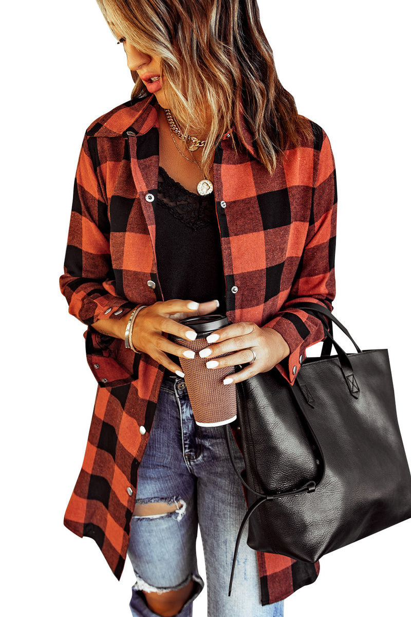 Red Turn-down Collar Plaid Shirt Coat