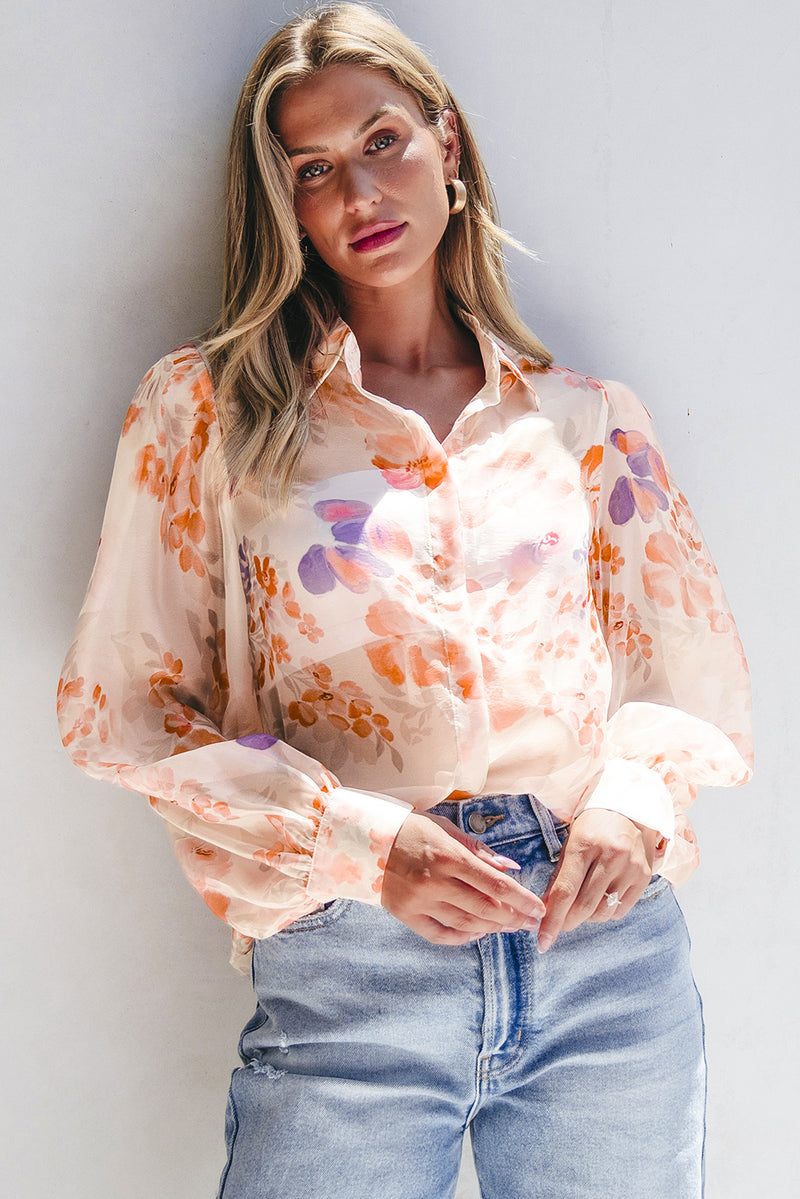 White Floral Print Collared Balloon Sleeve Loose Shirt