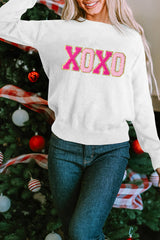 White XOXO Glitter Print Round Neck Casual Sweater