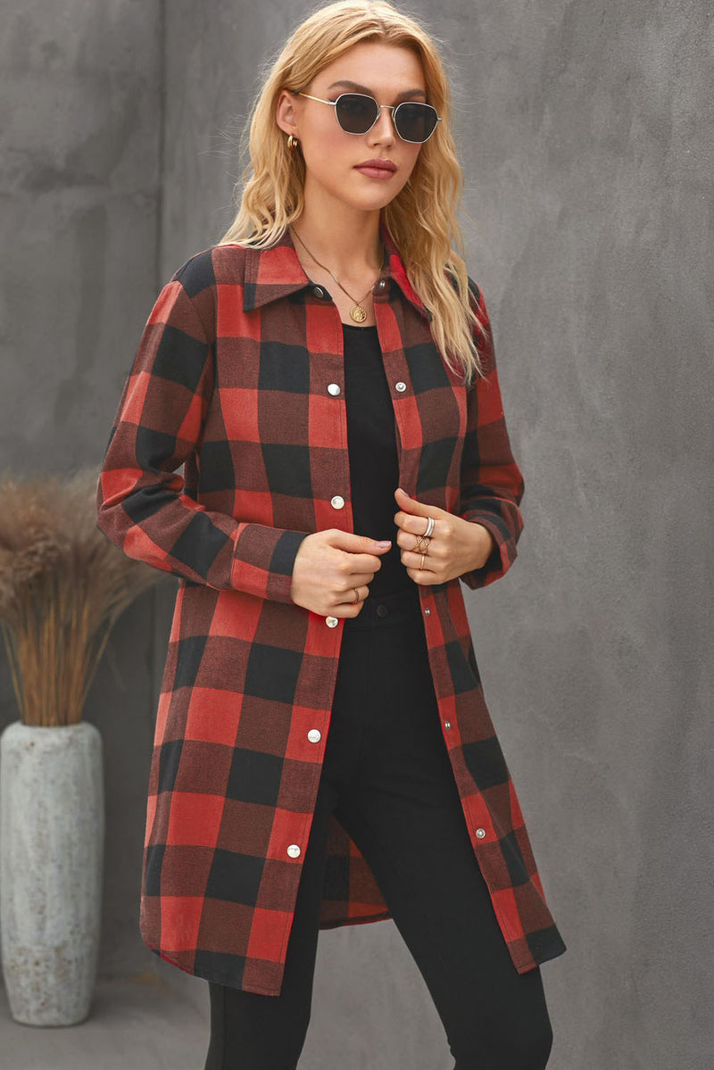 Red Turn-down Collar Plaid Shirt Coat