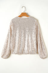 Apricot Sequin Zip up Round Neck Long Sleeve Jacket