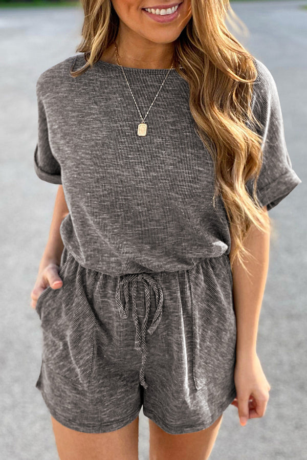 Gray Ribbed Elastic Waist Romper - Shopit4lessnow