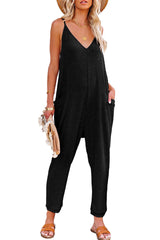 Black Textured Sleeveless V-Neck Pocketed Casual Jumpsuit - Shopit4lessnow