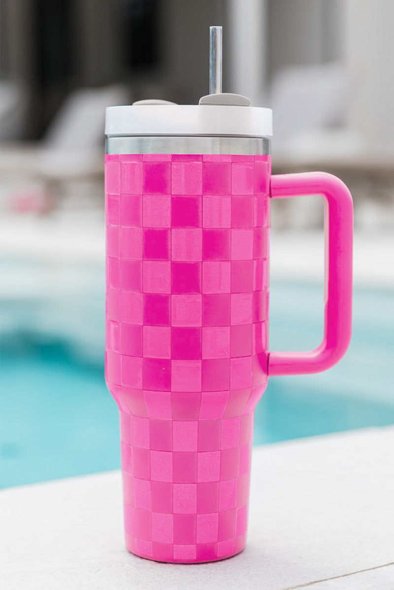 Dark Pink Checkered Print Handled Stainless Steel Tumbler Cup 40oz - Shopit4lessnow
