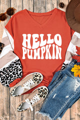 Red Hello Pumpkin Graphic Leopard Striped Colorblock Sleeve V Neck Top