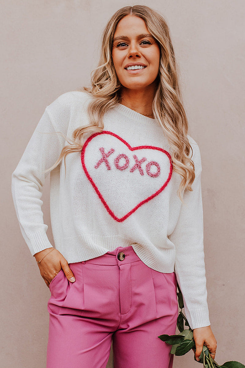 White Heart XOXO Pattern Drop Shoulder Rib Knit Sweater