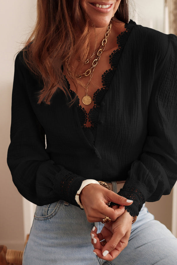 Black Lace Crochet Trim Deep V Neck Textured Blouse - Shopit4lessnow