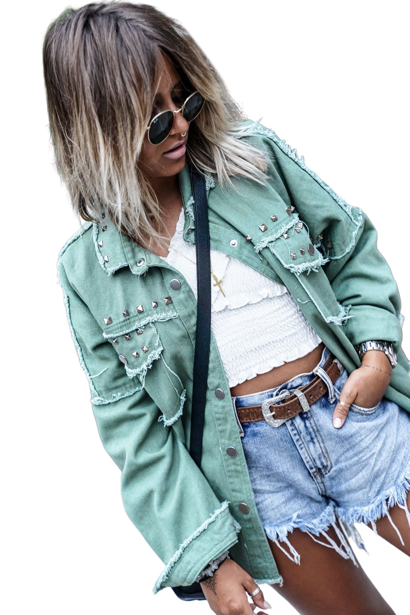 Mist Green Frayed Trim Riveted Denim Jacket