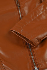 Brown Ribbed Seam Detail Faux Leather Zipped Motorcycle Jacket