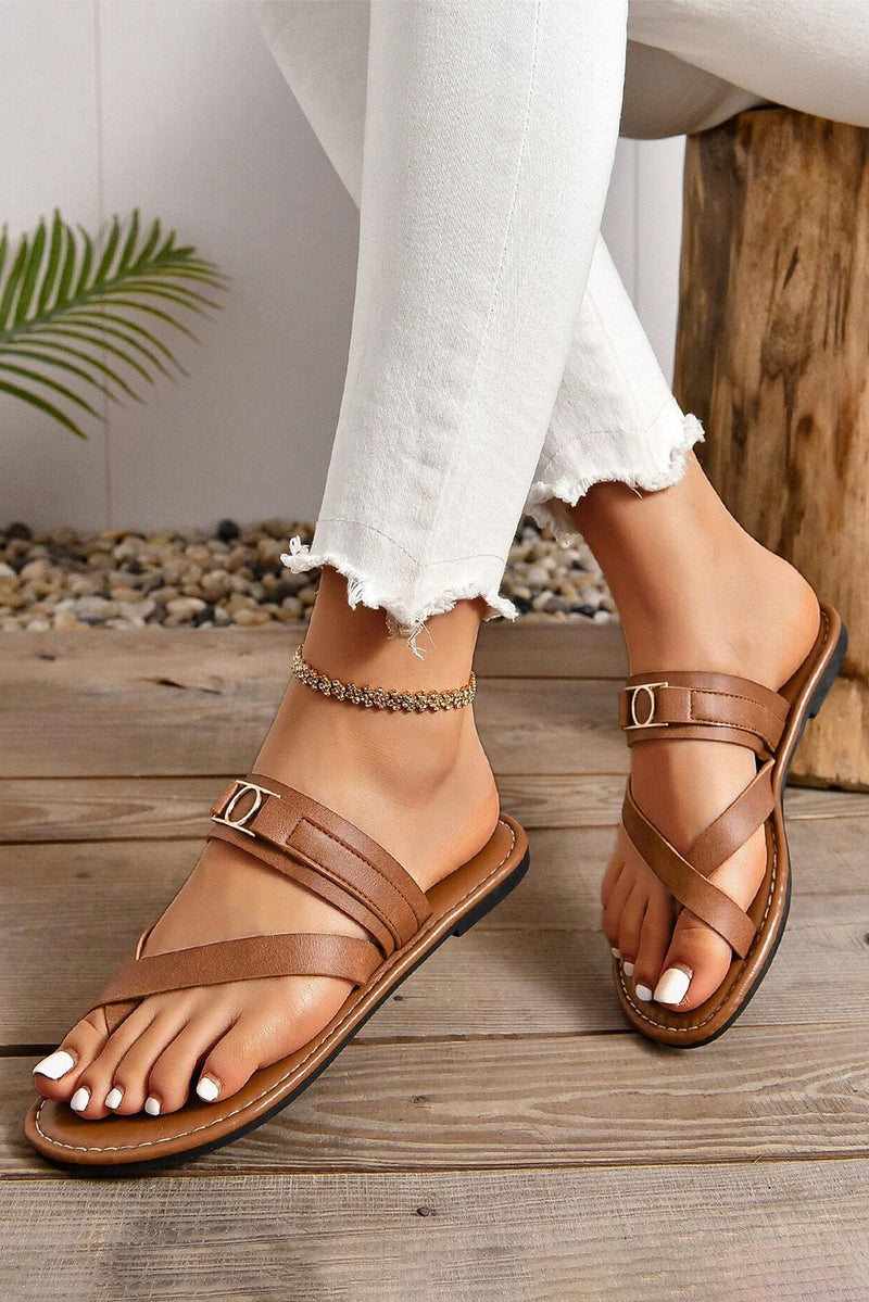 Chestnut Cross Toe Metal Buckle Leathered Flat Slippers