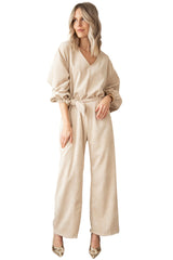 Apricot Keyhole Back V Neck Tie Waist Loose Jumpsuit - Shopit4lessnow