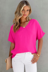 Rose Solid V Neck Short Sleeve Blouse - Shopit4lessnow