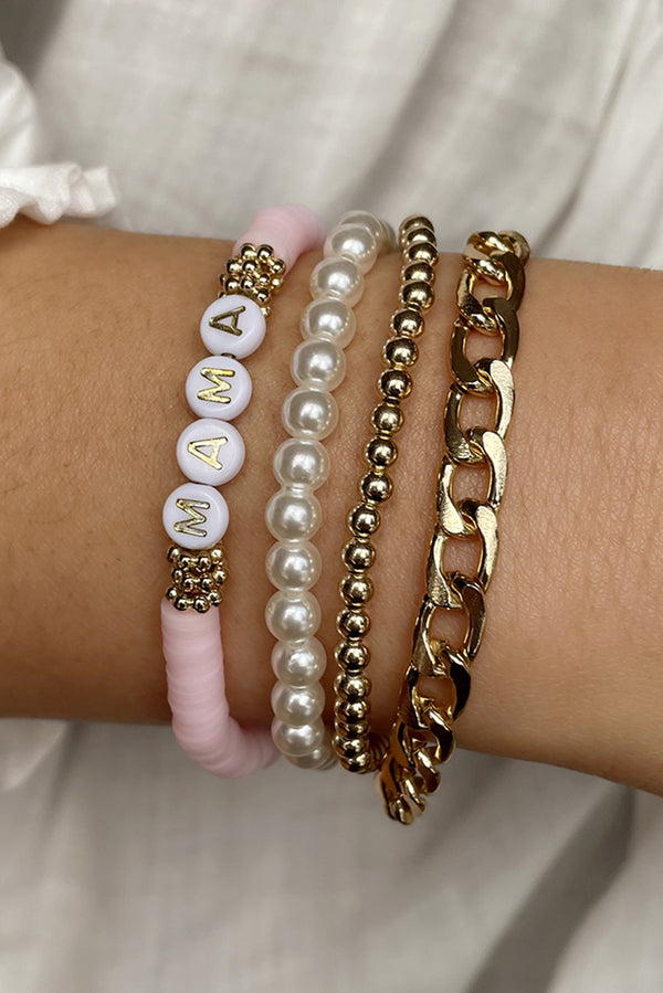 Gold 4PCS MAMA Pearls Beaded Chain Bracelets Set - Shopit4lessnow