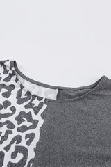 Gray Contrast Solid Leopard Short Sleeve T-shirt Dress with Slits - Shopit4lessnow