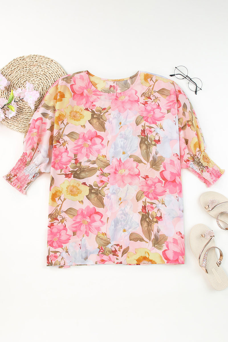 Pink Shirred Cuff 3/4 Sleeve Loose Fit Floral Blouse - Shopit4lessnow