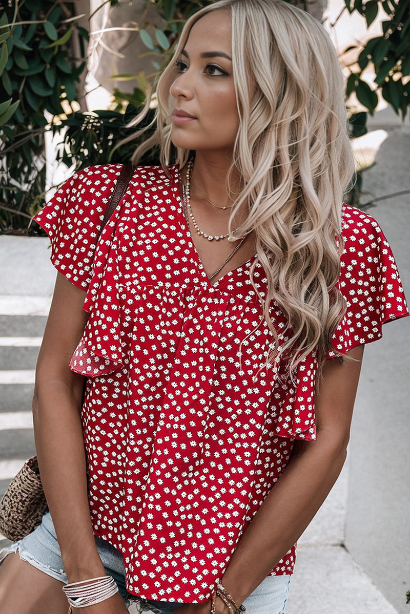 Red Floral Print Ruffle Sleeve Blouse - Shopit4lessnow